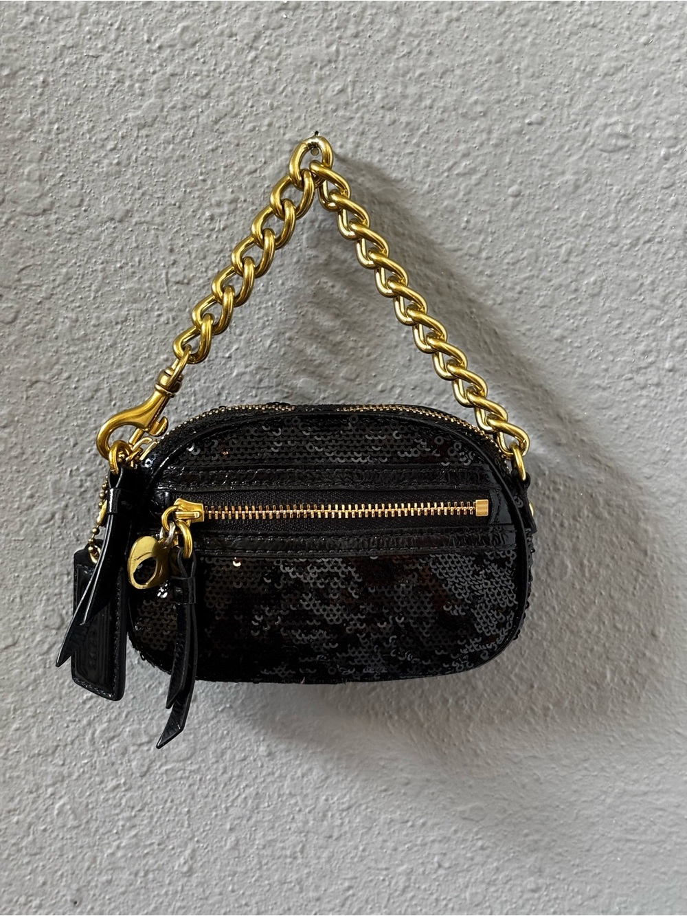 Coach Black Sequin Mini Bag with Gold Chain